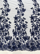 Flower 3D Fabric - Navy Blue - Embroided Fabric Flower Pearls and Leaf Decor Sold by The Yard