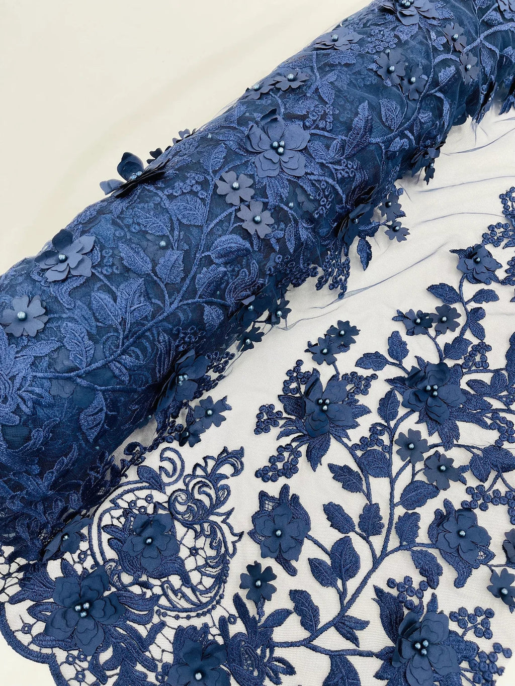 Flower 3D Fabric - Navy Blue - Embroided Fabric Flower Pearls and Leaf Decor Sold by The Yard