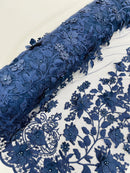 Flower 3D Fabric - Navy Blue - Embroided Fabric Flower Pearls and Leaf Decor Sold by The Yard