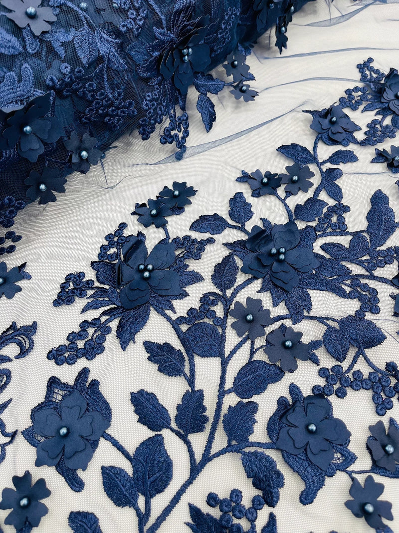 Flower 3D Fabric - Navy Blue - Embroided Fabric Flower Pearls and Leaf Decor Sold by The Yard