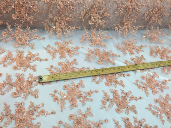 Metatron fabrics Majestic bridal wedding flower mesh super beaded lace peach. Sold by the yard