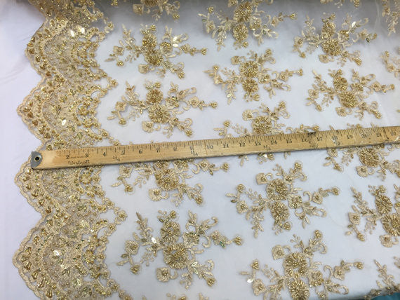 Metatron fabrics Majestic bridal wedding flower mesh super beaded fabric gold. Sold by the yard