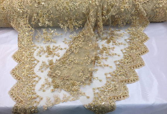 Metatron fabrics Majestic bridal wedding flower mesh super beaded fabric gold. Sold by the yard