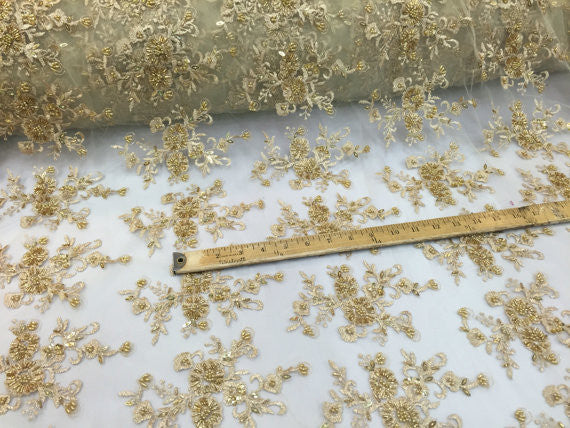 Metatron fabrics Majestic bridal wedding flower mesh super beaded fabric gold. Sold by the yard