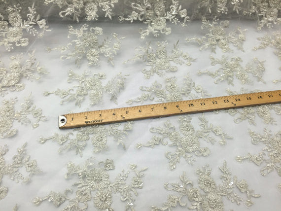 Beaded Fabric - Embroidered Lace Of White Mesh Bridal Veil wedding Decoration By The Yard