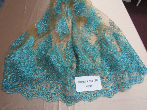 Lace Fabric By The Yard French Design Embroidered Mesh For Bridal Wedding Dress Aqua