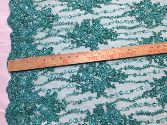 Beaded Lace Fabric - Teal - Fancy Embroidery on Mesh For Bridal Wedding Dress Sold By The Yard