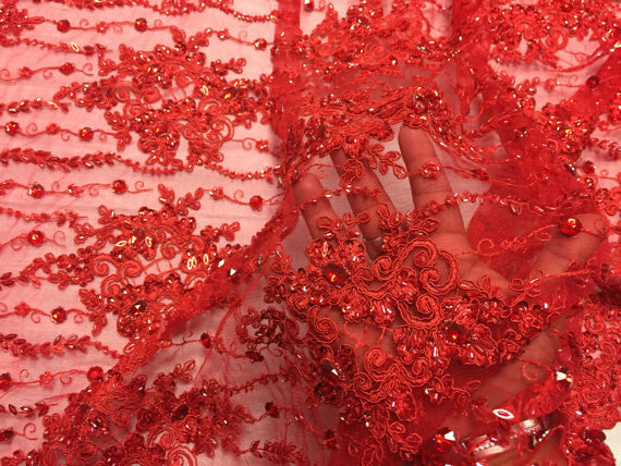 Beaded Lace Fabric - Red - Fancy Embroidery on Mesh For Bridal Wedding Dress Sold By The Yard