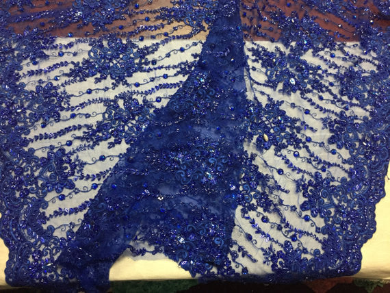Beaded Lace Fabric - Royal Blue  - Fancy Embroidery on Mesh For Bridal Wedding Dress Sold By The Yard