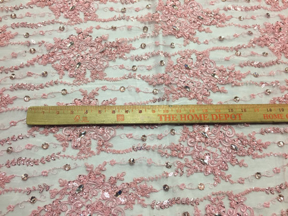 Beaded Lace Fabric - Pink - Fancy Embroidery on Mesh For Bridal Wedding Dress Sold By The Yard