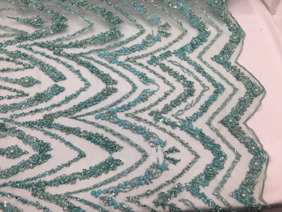 Mint Beaded Fbric By The Yard Embroidered Mesh Bridal Veil Beaded & Sequins Wedding Decorations