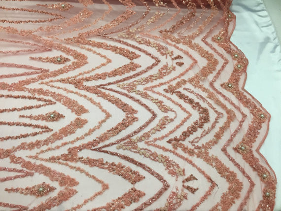 Salmon Beaded Fbric By The Yard Embroidered Mesh Bridal Veil Beaded & Sequins Wedding Decorations
