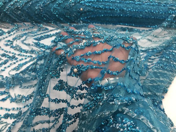 Lace  Fabric - By The Yard Turquiose Mesh Bridal Veil Beaded & Sequins Wedding Decorations