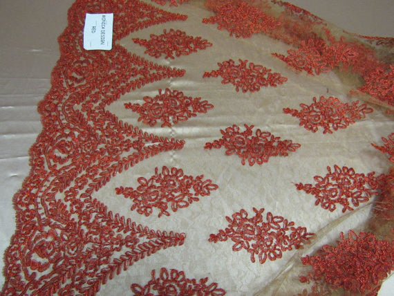 Lace Fabric By The Yard French Design Embroidered Mesh For Bridal Wedding Dress Orange