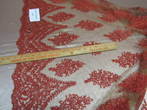 Lace Fabric By The Yard French Design Embroidered Mesh For Bridal Wedding Dress Orange