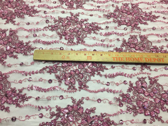 Beaded Lace Fabric - Dusty Rose - Fancy Embroidery on Mesh For Bridal Wedding Dress Sold By The Yard