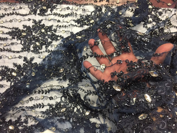 Beaded Lace Fabric - Navy - Fancy Embroidery on Mesh For Bridal Wedding Dress Sold By The Yard