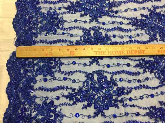 Beaded Lace Fabric - Royal Blue  - Fancy Embroidery on Mesh For Bridal Wedding Dress Sold By The Yard
