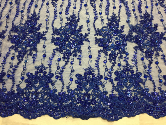 Beaded Lace Fabric - Royal Blue  - Fancy Embroidery on Mesh For Bridal Wedding Dress Sample