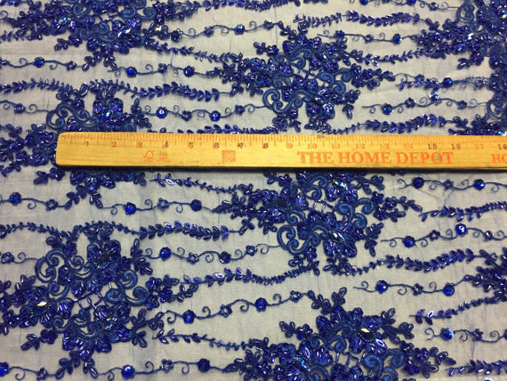 Beaded Lace Fabric - Royal Blue  - Fancy Embroidery on Mesh For Bridal Wedding Dress Sold By The Yard