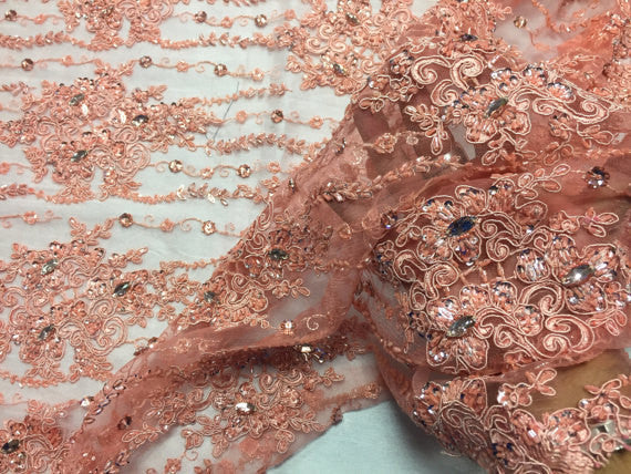 Beaded Lace Fabric - Peach - Fancy Embroidery on Mesh For Bridal Wedding Dress Sold By The Yard