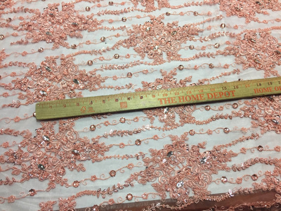Beaded Lace Fabric - Peach - Fancy Embroidery on Mesh For Bridal Wedding Dress Sold By The Yard