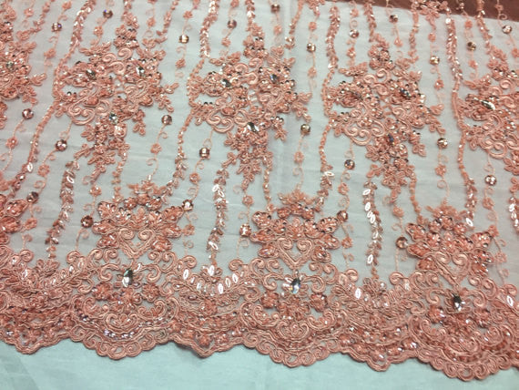 Beaded Lace Fabric - Peach - Fancy Embroidery on Mesh For Bridal Weddi METATRONFABRICSINC Beaded Lace Fabric - Peach - Fancy Embroidery on Mesh For Bridal Weddi METATRONFABRICSINC
