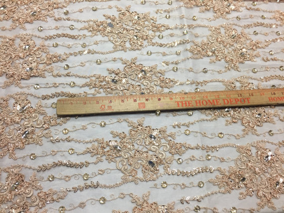 Beaded Lace Fabric - Gold - Fancy Embroidery on Mesh For Bridal Wedding Dress Sold By The Yard