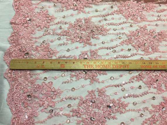 Beaded Lace Fabric - Pink - Fancy Embroidery on Mesh For Bridal Wedding Dress Sold By The Yard