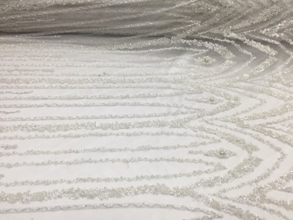 Lace  Fabric - By The Yard White Mesh Bridal Veil Beaded & Sequins Wedding Decorations