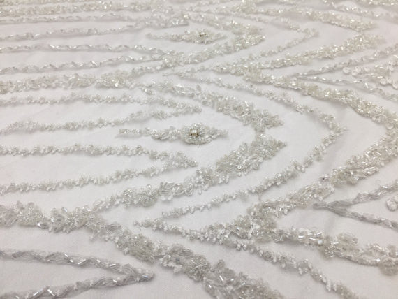 Lace  Fabric - By The Yard White Mesh Bridal Veil Beaded & Sequins Wedding Decorations