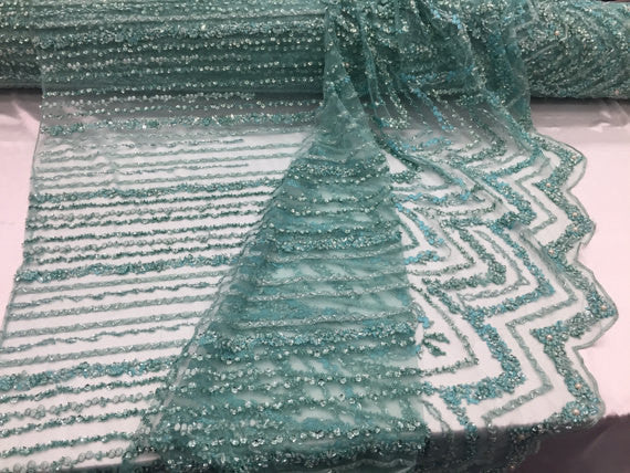 Mint Beaded Fbric By The Yard Embroidered Mesh Bridal Veil Beaded & Sequins Wedding Decorations