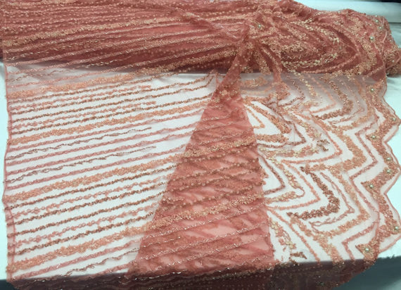 Salmon Beaded Fbric By The Yard Embroidered Mesh Bridal Veil Beaded & Sequins Wedding Decorations