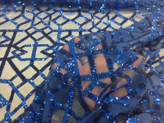 4 Way Stretch Geometric Sequins Royal Blue Mesh Lace Fabric Dress Fashion Sold By The Yard