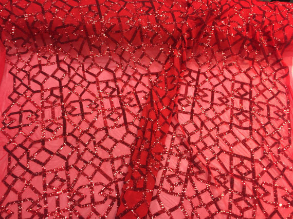 Metatron fabrics Magnificent geometric Sequins mesh Lace Fabric Bridal Wedding red. Sold By The Yard