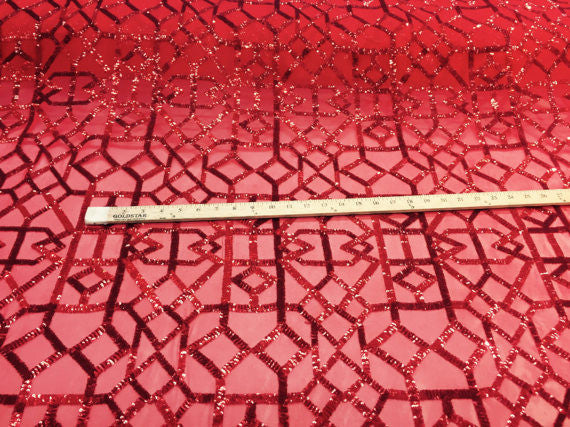 Metatron fabrics Magnificent geometric Sequins mesh Lace Fabric Bridal Wedding red. Sold By The Yard