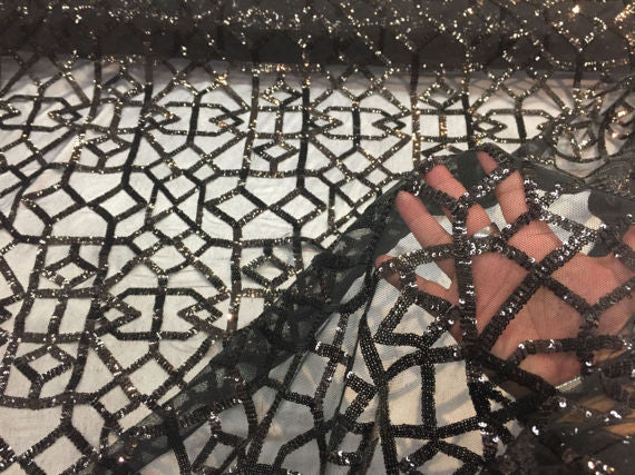 4 Way Stretch Geometric Sequins Black Mesh Lace Fabric Dress Fashion Sold By The Yard