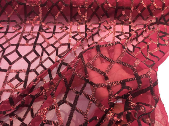4Way Stretch Geometric Sequins Burgundy Mesh Lace Fabric Dress Fashion Sold By The Yard
