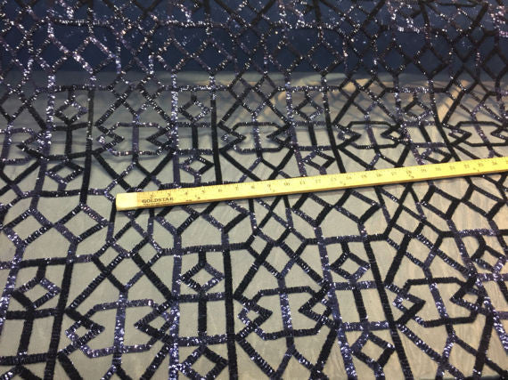 4 Way Stretch Geometric Sequins Navy Mesh Lace Fabric Dress Fashion Sold By The Yard