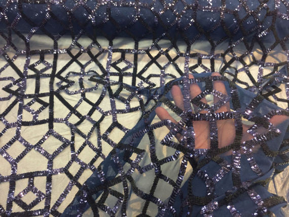 4 Way Stretch Geometric Sequins Navy Mesh Lace Fabric Dress Fashion Sold By The Yard