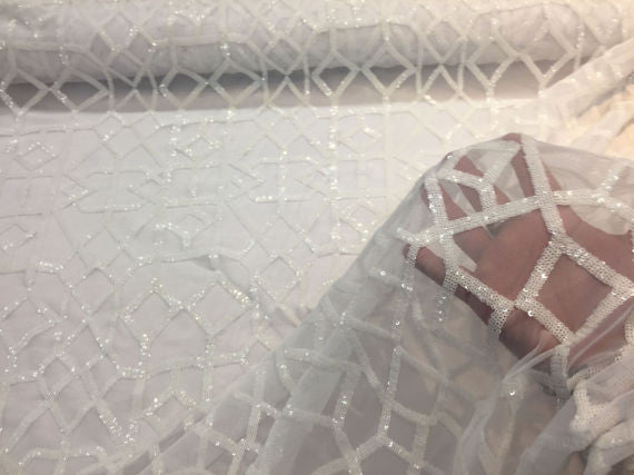 4 Way Stretch Geometric Sequins White Mesh Lace Fabric Dress Fashion Sold By The Yard