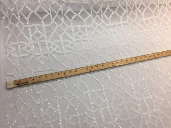 4 Way Stretch Geometric Sequins White Mesh Lace Fabric Dress Fashion Sold By The Yard