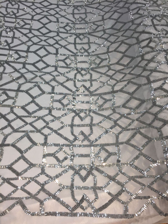 4 Way Stretch Geometric Sequins Silver Mesh Lace Fabric Dress Fashion Sold By The Yard