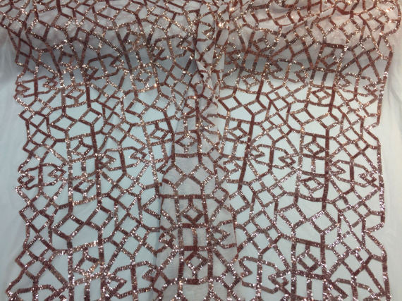4 Way Stretch Geometric Sequins Mocha Mesh Lace Fabric Dress Fashion Sold By The Yard