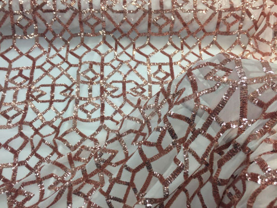 4 Way Stretch Geometric Sequins Mocha Mesh Lace Fabric Dress Fashion Sold By The Yard