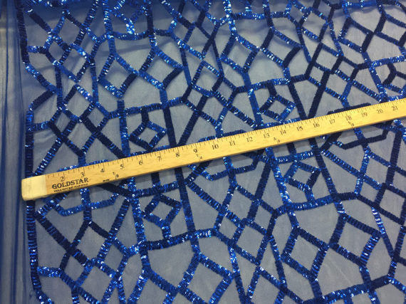 4 Way Stretch Geometric Sequins Royal Blue Mesh Lace Fabric Dress Fashion Sold By The Yard