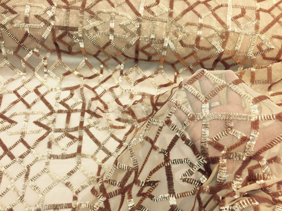 4 Way Stretch Geometric Sequins Gold Mesh Lace Fabric Dress Fashion Sold By The Yard