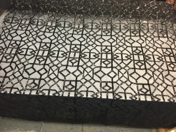 4 Way Stretch Geometric Sequins Black Mesh Lace Fabric Dress Fashion Sold By The Yard