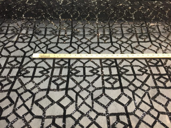 4 Way Stretch Geometric Sequins Black Mesh Lace Fabric Dress Fashion Sold By The Yard