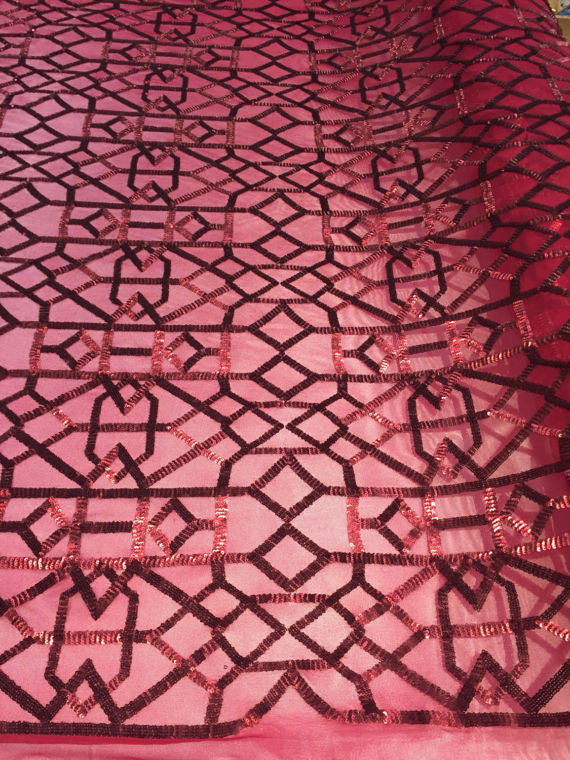 4Way Stretch Geometric Sequins Burgundy Mesh Lace Fabric Dress Fashion Sold By The Yard
